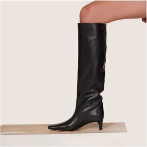 Black Women Comfortable Low Heel Pull on Stylish Knee High Boots Square Toe Boot
